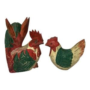 Folk Art Wood Rooster And Chicken Hand Carved Hand Painted